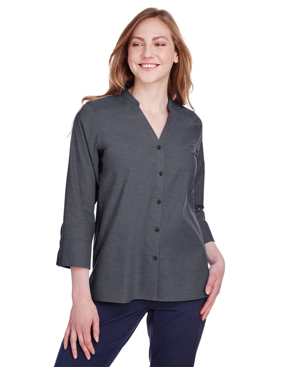 Women's Crown Collection® Stretch Pinpoint Chambra Three-Quarter Sleeve Shirt | DG562W