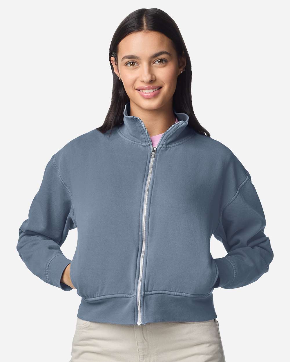 Chaqueta para mujer teñida en prenda con cremallera completa | 1570L