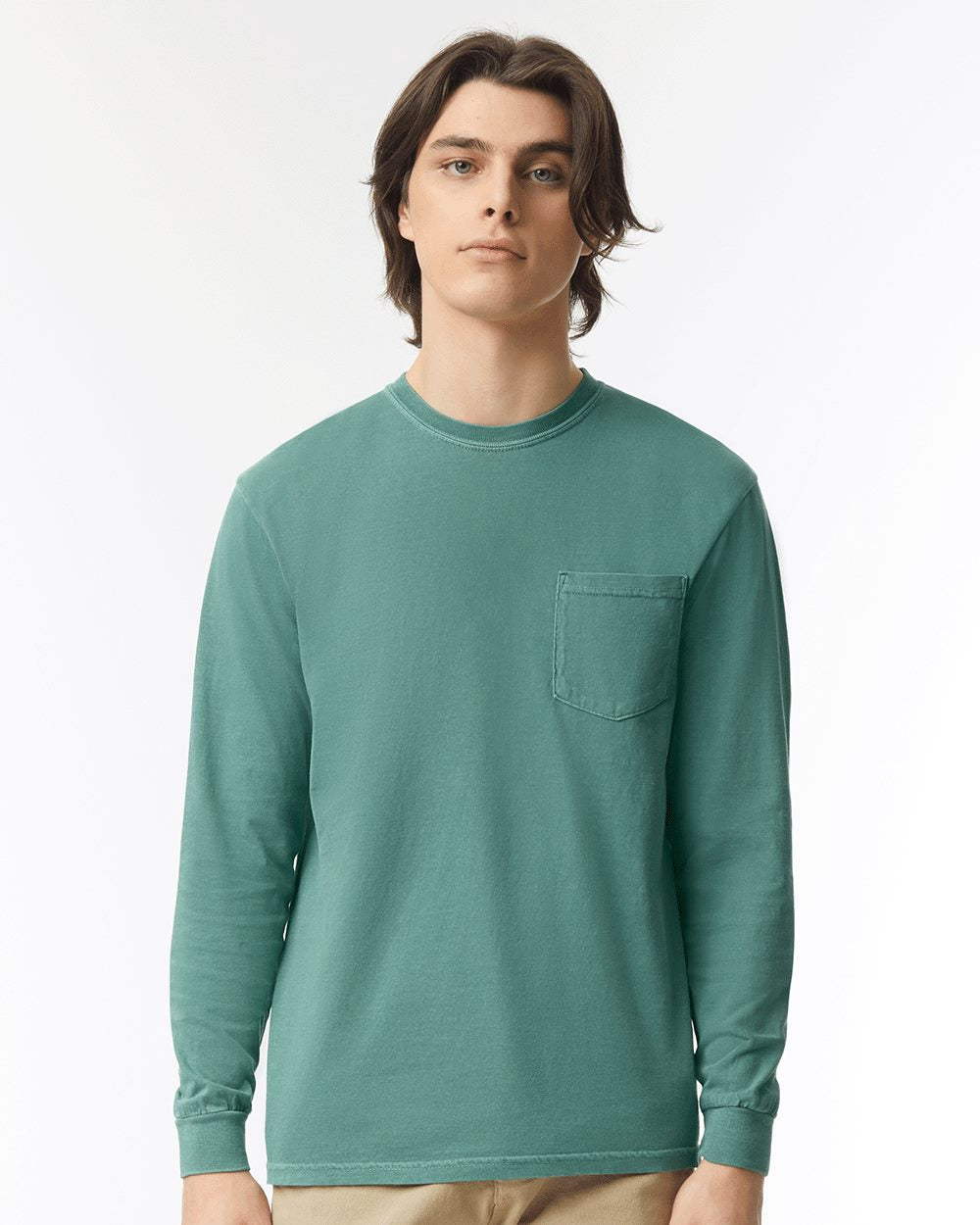 Camiseta Unisex de Manga Larga con Bolsillo, Teñida en Prenda, de Peso Pesado | 4410