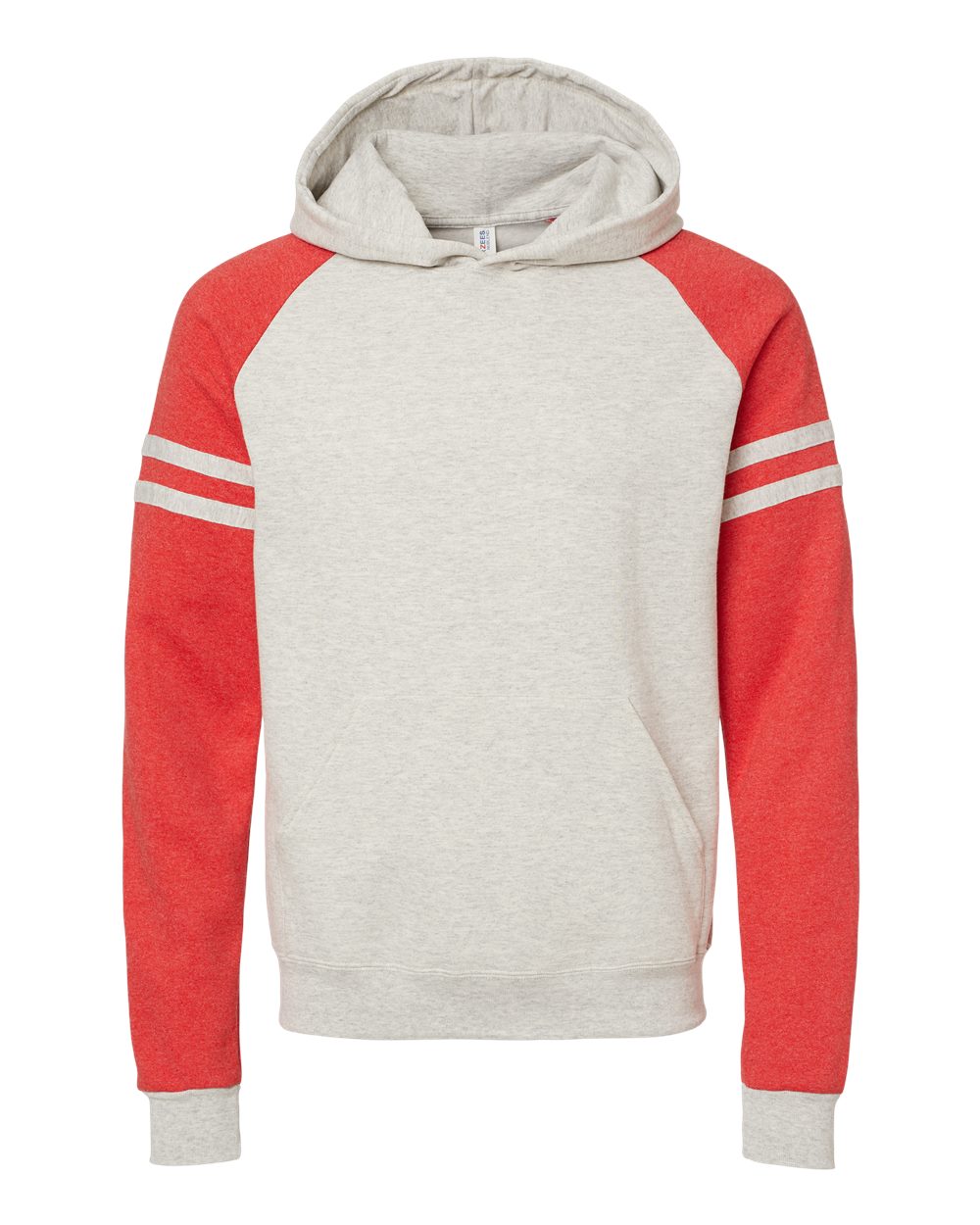 Jerzees 97CR Unisex Nublend Varsity Colorblocked Raglan Hooded Sweatshirt - Oatmeal Heather/ Fiery Red Heather