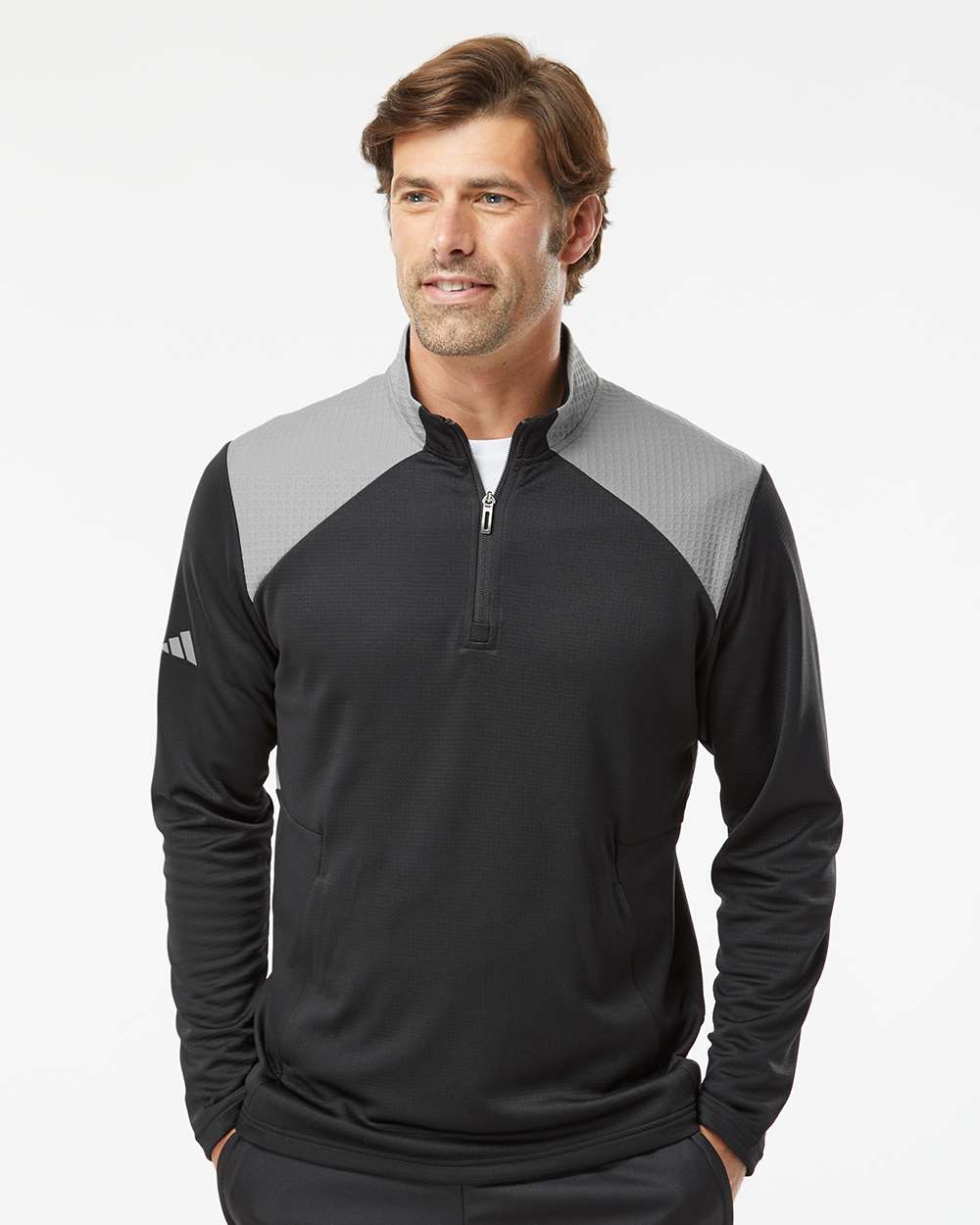 Sudadera para hombre con cremallera de cuarto, textura y medios mixtos | A532