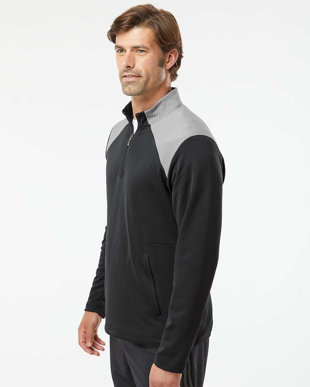 Sudadera para hombre con cremallera de cuarto, textura y medios mixtos | A532