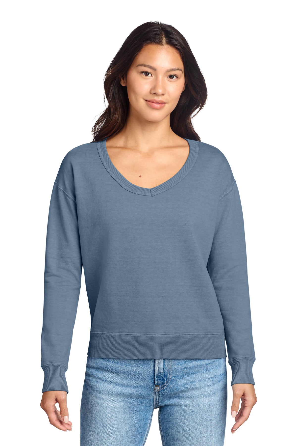Port & Co LPC098V Women's Beach Wash Garment-Dyed V-Neck Sweatshirt