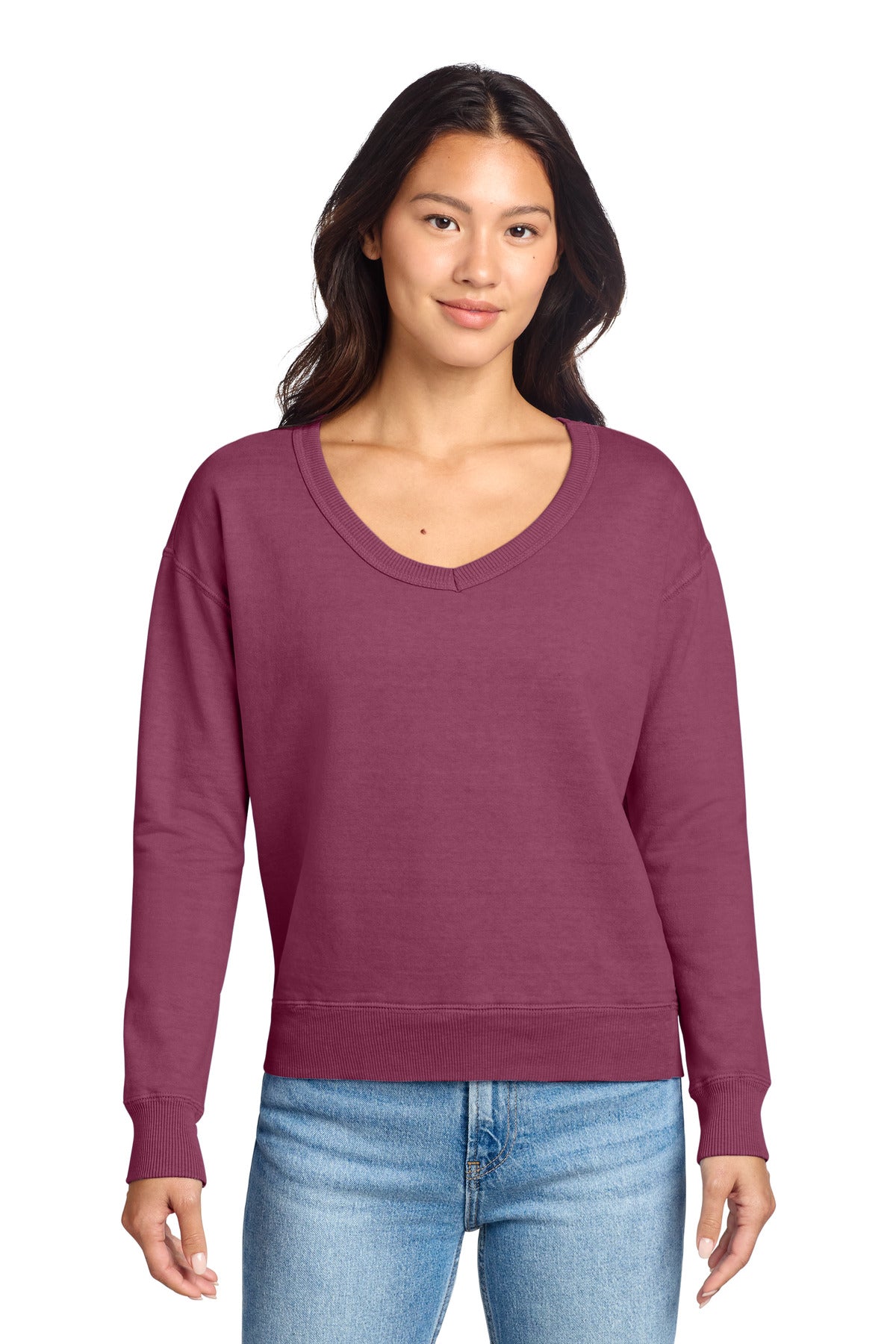 Port & Co LPC098V Women's Beach Wash Garment-Dyed V-Neck Sweatshirt