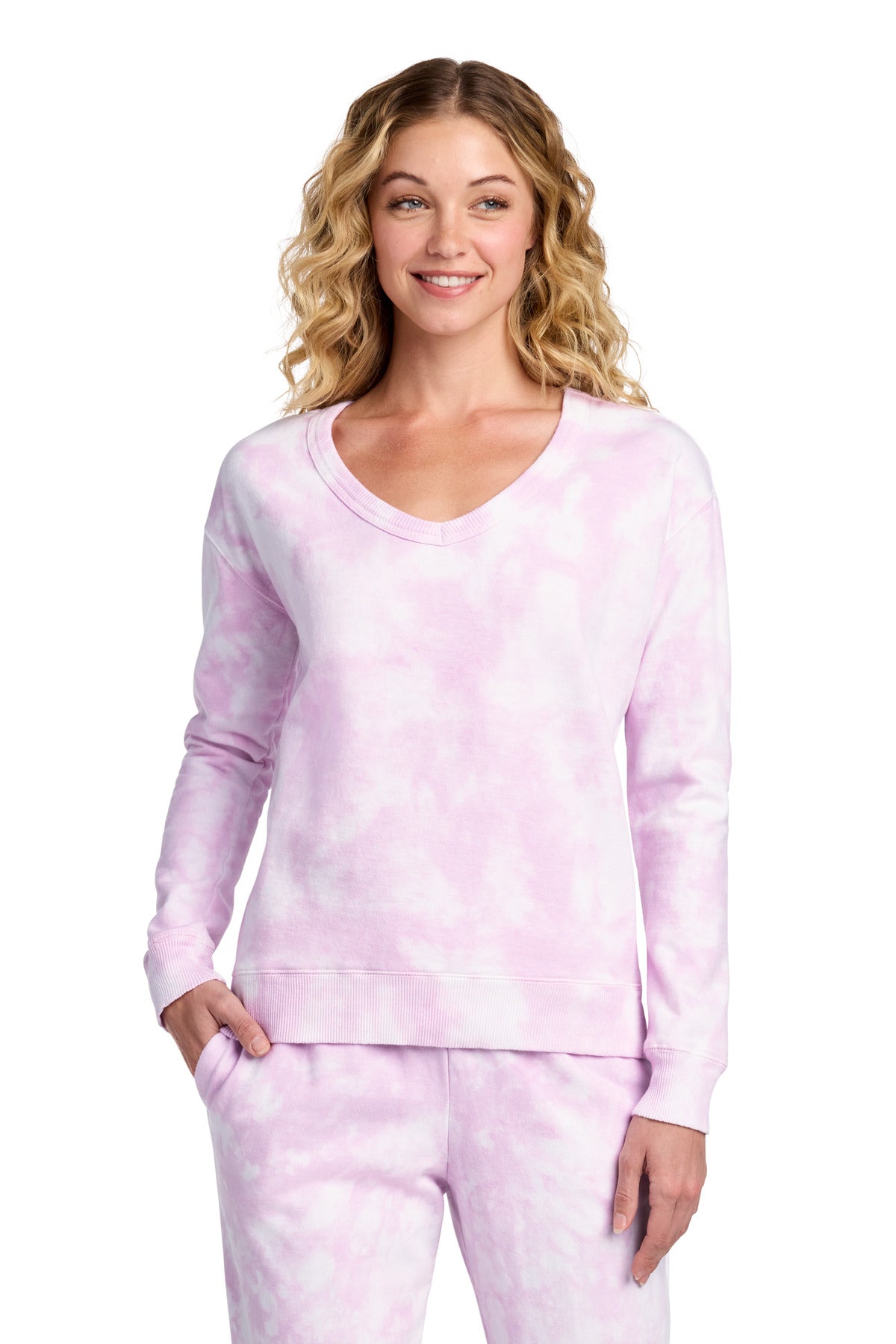 Port & Co LPC140V Women's Beach Wash Cloud Tie-Dye V-Neck Sweatshirt