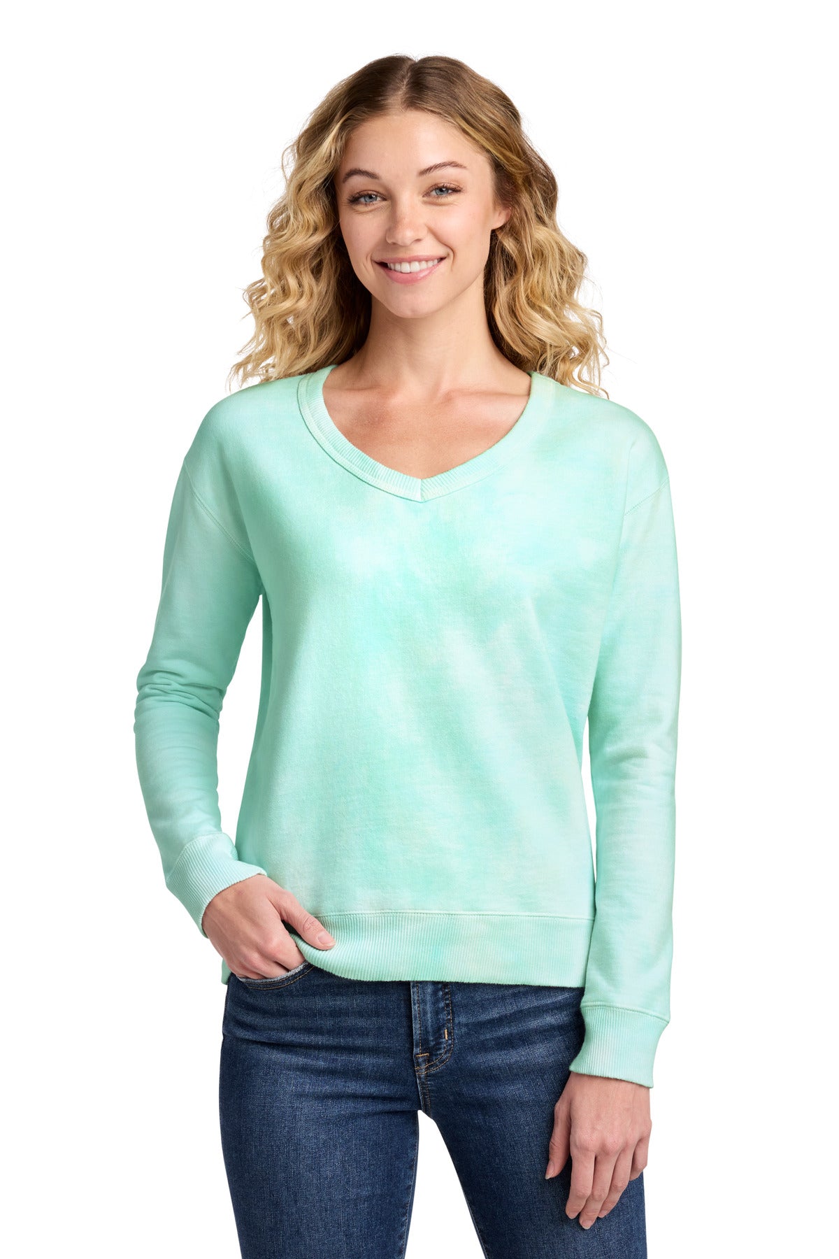 Port & Co LPC140V Women's Beach Wash Cloud Tie-Dye V-Neck Sweatshirt