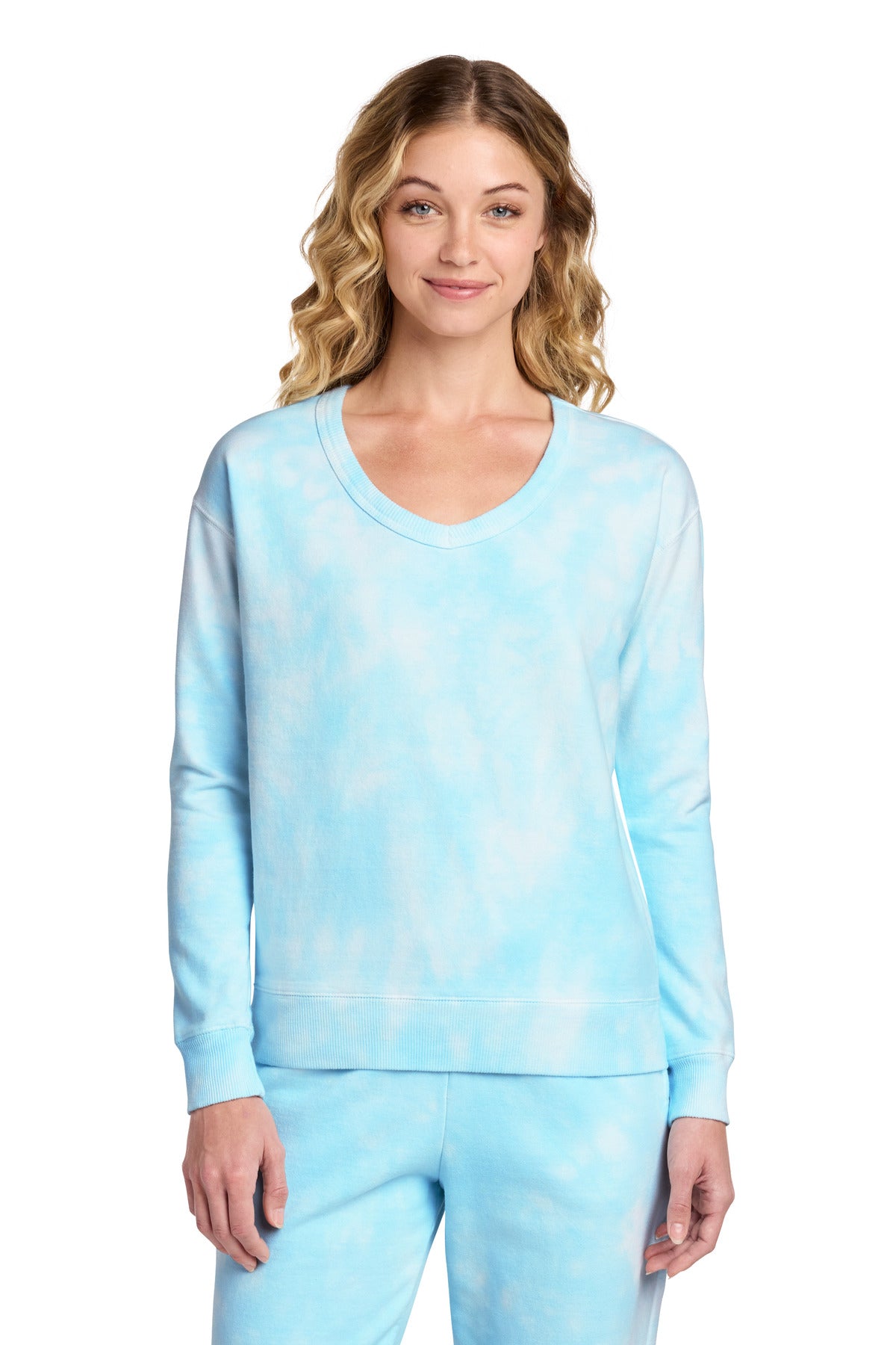 Port & Co LPC140V Women's Beach Wash Cloud Tie-Dye V-Neck Sweatshirt